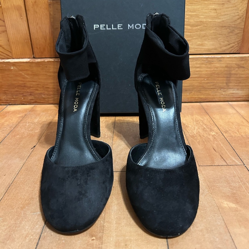 Pelle Moda Black Suede Ankle-Strap Heels